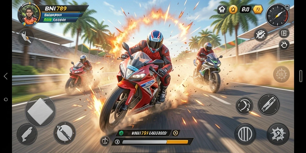 Gameplay menegangkan saat balapan motor di trek yang menantang.