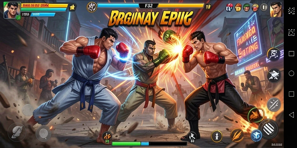 Tangkapan layar gameplay F32 yang menampilkan pertarungan seru dan karakter unik.