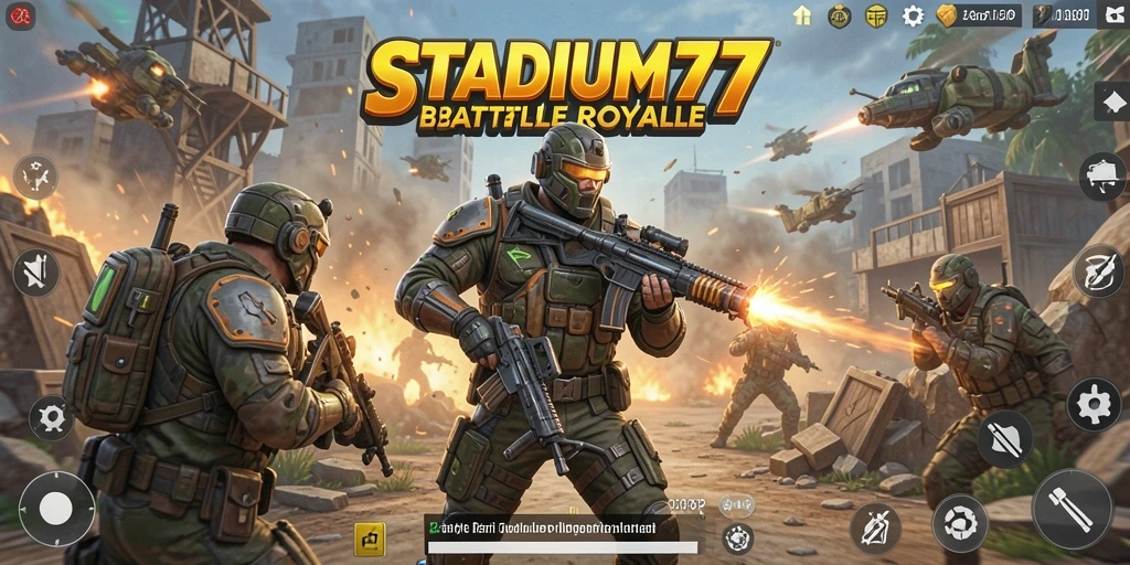 Screenshot gameplay STADIUM77 yang menampilkan pertempuran seru di arena.