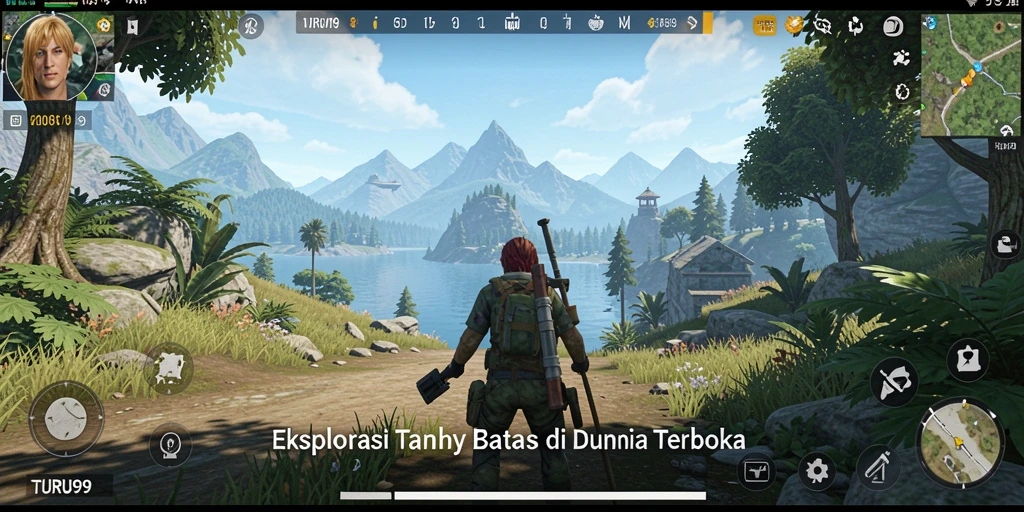 Screenshot menunjukkan pemain menjelajahi dunia terbuka TURU99.